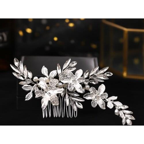 Rhinestone Tiaras Hair Combs For Wedding Party Women Pearls Leaf Handmade Hairbands Bridal Silver Color Fashion Accessories
