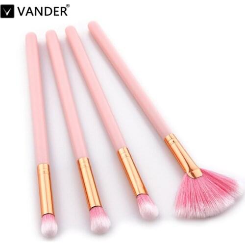 Vander 4Pcs/Set Pink Wood Makeup Brushes Set Fan Brush Eyeshadow Brow Foundation Powder Cosmetic Eye Make Up Brush Beauty Tools