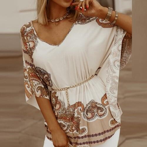 Women Vintage Floral Printed Shirt Pullover Spring Autumn Casual V-Neck Blouse Tops Fashion Half Batwing Sleeve Streetwear Blusa