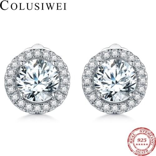 COLUSIWEI 925 Sterling Silver Round Stud Earrings For Women Sparkling Clear CZ Ear Studs Luxury Wedding Engagement Jewelry