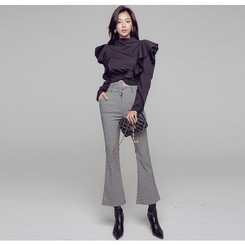 Elegant OL Crop Top Pants 2 Piece Outfits Female Stand collar Ruffles Puff Sleeve Blouse +Houndstooth Flared Pants Two piece Set