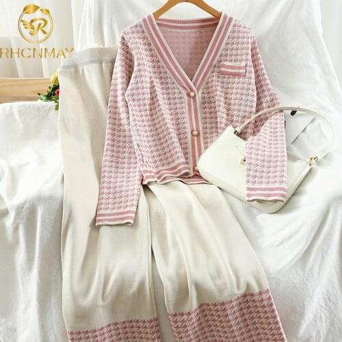 New Autumn Fashion Women Long-sleeve Plaid Knitwear Cardigan Tops + Loose Wide-Leg Trousers Casual Knitting Two Piece Set Female