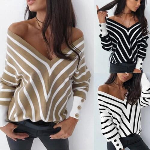 Womens Spring Knit Sweater V-Neck Striped Casual Loose Jumpers Pullover Tops Long Sleeve Jumpers Pullover Sweater