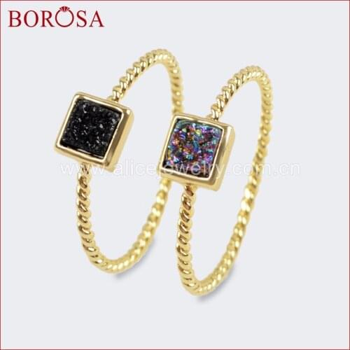 BOROSA Natural Agates Titanium Rainbow Druzy Bezel Ring Gold Color 4mm Square Drusy Stone Rings Jewelry for Women ZG0286