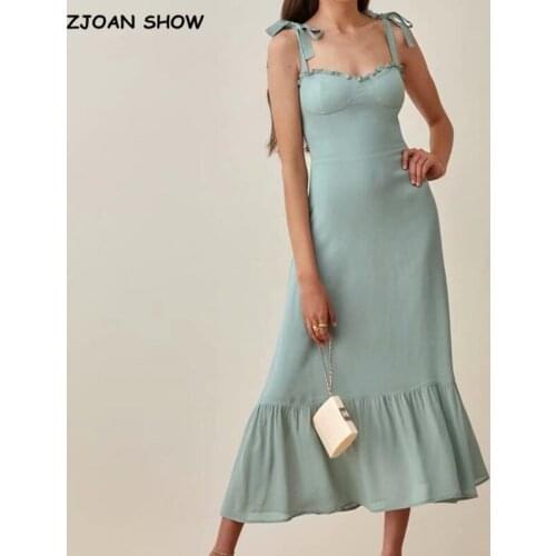 2021 Summer French Mint Green Women Dress Bodycon Tie Bow Strap Sleeveless Dress Sexy Beach Party Dresses Vintage Holiday Robe