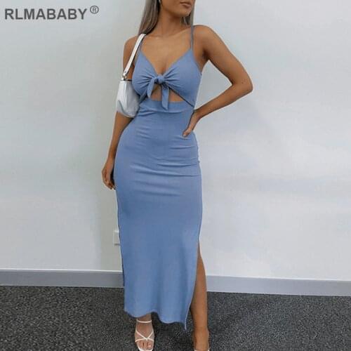 Summer Women Bandage Bow Hollow Out Ankle-Length Dress Slim Spaghetti Strap Sleeveless Backless Splits Sexy Long Bodycon Dress