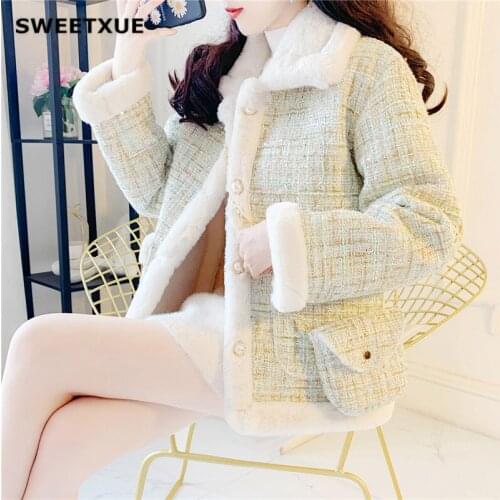 SWEETXUE Faux Fur Temperament Lovely Thick Tweed Stitching Lambswool Casual Single-breasted pocket Coats Female+Chain Bag
