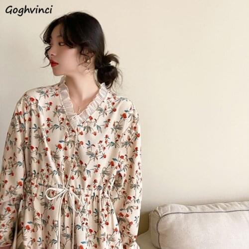 Long Sleeve Dress Women Print Vintage Korean Fashion Loose Sweet Girl Vestido Fall Elegant Simple Chic All-match Ruffle Harajuku