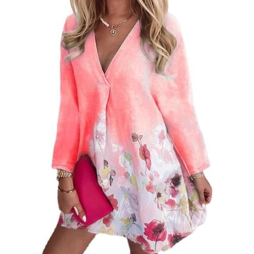 2021 Spring And Autumn Casual New Women Mini Dresses For Women V-Neck Loose Print Cotton And Linen Long Sleeve Dress Vestidos