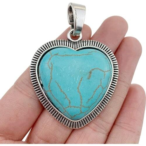 2 x Antique Silver Color Heart Shape Artificial Turquoise Charms Pendants for Necklace Jewellery Accessories Making 59x42mm