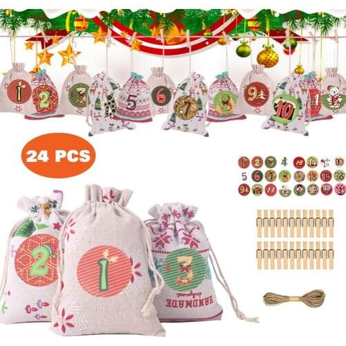 24PCS Christmas Countdown Candy Bag Advent Calendar Countdown Bag Linen Gift Bag Christmas Advent Calendar Bags Christmas Bag