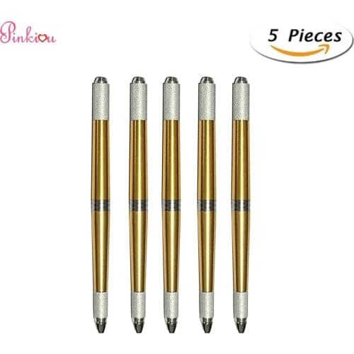Pinkiou 5pcs Microblading Pen with needles Permanent Makeup Pen Machine for Manual Eyebrow Tattoo (gold)