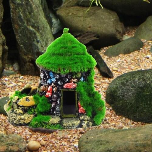 Aquarium Resin House Decor with Artificial Green Moss Stone Cave Betta Fish Tank Accessories for Hermit Crabs Guppy