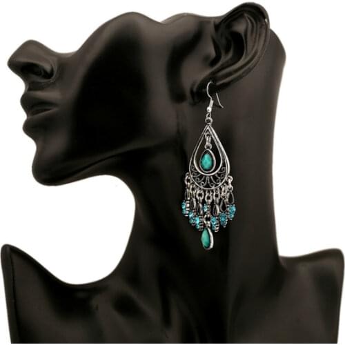 Bohemia Vintage Earrings For Women 2021 Fashion Ethnic Style Antique Silver Color Alloy Rhinestone Water Drop Long Earrings