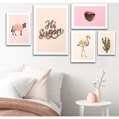 Scandinavian Poster Print Animals with Flower Balloon Canvas Painting Green Plant Wall Art Picture Nordic Style Home Decor