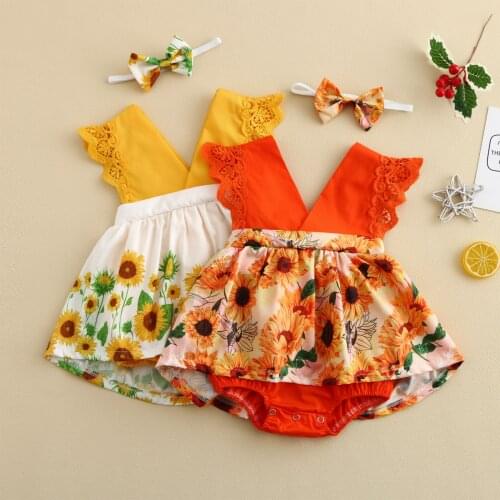 INewborn Baby Girl Clothes Sets Infant Sleeveless Sunflower Print Lace Romper Bodysuit Dress+Headband New Born Infant Clothing