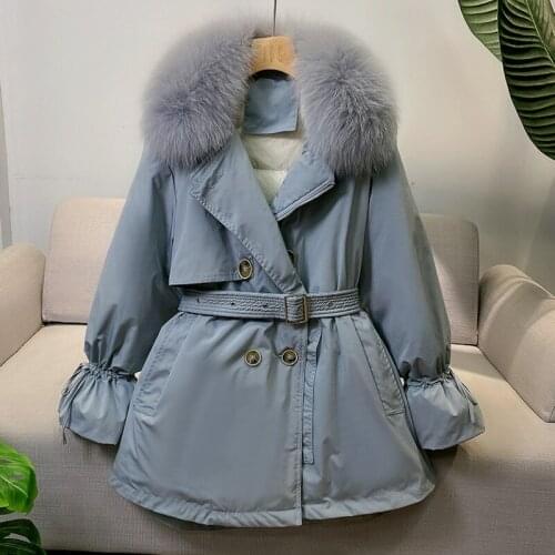 Women Duck Down Jacket Winter Down Coat Natural Fox Fur Collar Designer Brand Female Parkas Detachable Lining Sash Tie Up Coats