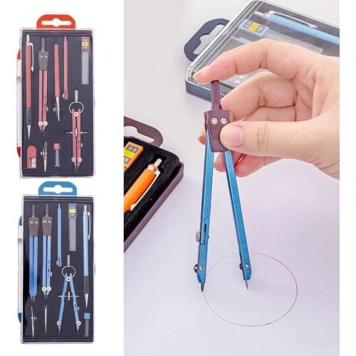 9 Pieces Math Geometry Sets with Storage Box Professional Compass Set for School Office Compass Pencil