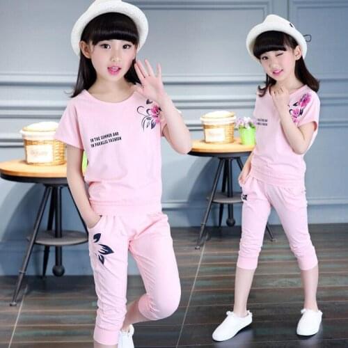 2020 New Girls clothes Sets print pattern sports kids Children clothing suits toddler Short sleeved t shirt+Haren Cropped pants