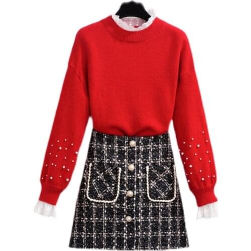 Fall Winter New Lace Trim Half High Neck Beaded Loose Pullover Red Sweater+Double Pocket Tweed Short Skirts 2 Piece Set Women