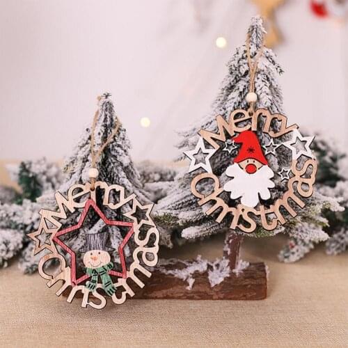 Christmas Decorations New Christmas Wood Hand Painted Hollow Letter Cartoon Doll Wooden Rattan Ring Christmas Tree Decoration