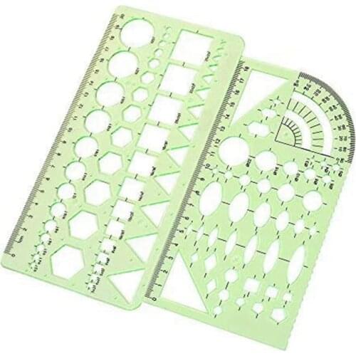 2PCS Plastic Green Measuring Templates Geometric Rulers for Office and School, Building Formwork, Drawings Templates