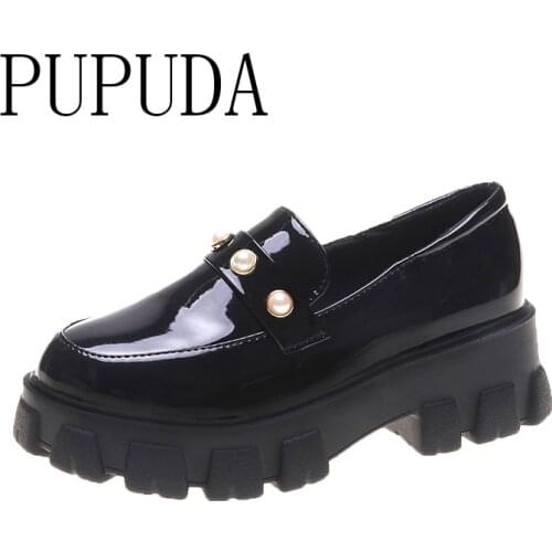 PUPUDA Women Platform Shoes New Chunky Platform Casual Shoes Women New Slip On Chunky Leather Shoes Women Good Quality Chunky Lo