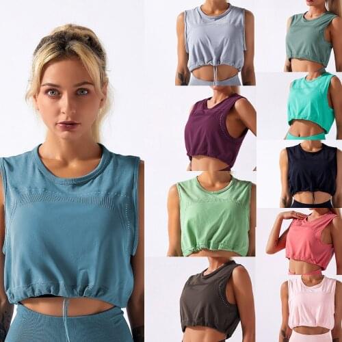 Gym Seamless Tops Lightweight Crop Top Womens Sports Yoga Fitness Loose Drawstring Top Sleeveless Yoga Tank Top Workout Clothes