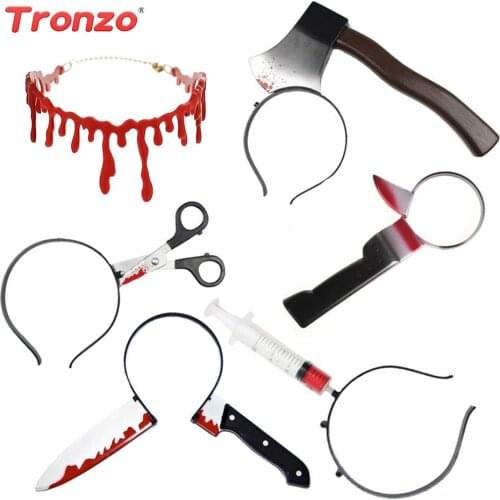 Tronzo Halloween Bloody Knife Toy Halloween Party Decoration Scissors Needle Nail Through Head Plastic Headband Horror Prop 2019