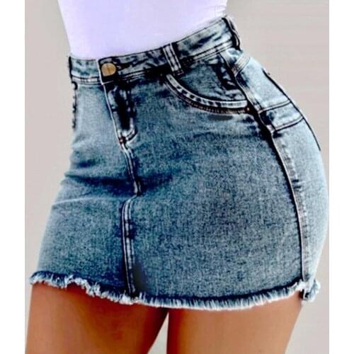 Womens Denim Skirt 2021 Sexy Mini Lady Trendy Skirts High-Waisted Solid Color Hip Slim Stretch Blue Black Fashion Jean Skirt