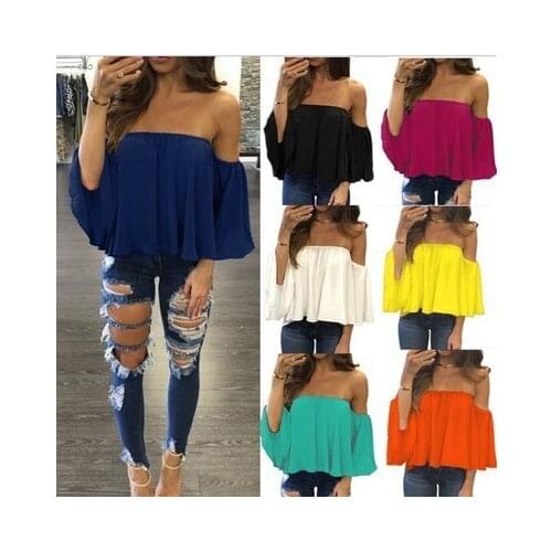 2020 Summer T-shirt Women Sexy Chiffon Off Shoulder Shirts Strapless Short Sleeve Beach Tops Girls Stylish Tees Plus Size 5XL