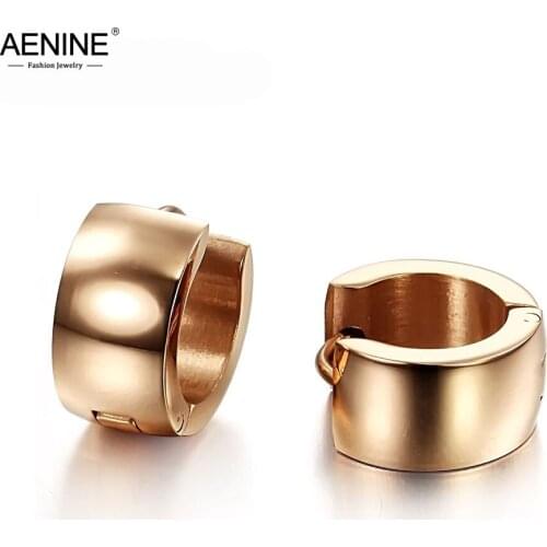 AENINE 7mm Width Glossy Stainless Steel Hoop Earrings Jewelry For Women Girls Rose Gold Anniversary Earrings Pendientes AE17105