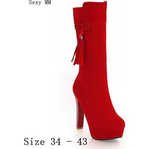 Spring Autumn Women Mid-Calf Boots High Heels Platform Pumps Woman Boots Shoes High Quality Plus Size 34-40 41 42 43 botas