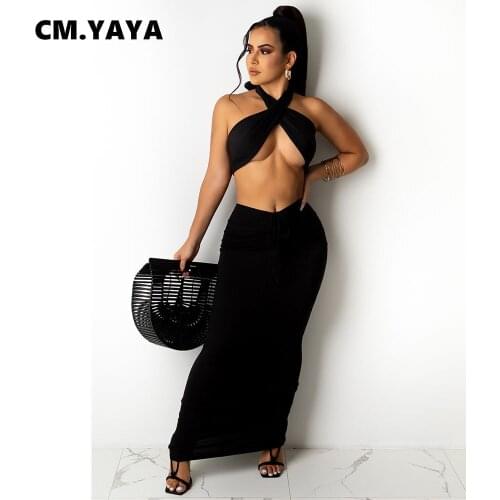 CM.YAYA Women Set Solid Sleeveless Halter Super-short Tops Drawstring Waist Elastic Ankle Length Skirt 2 Piece Set Sexy Outfit