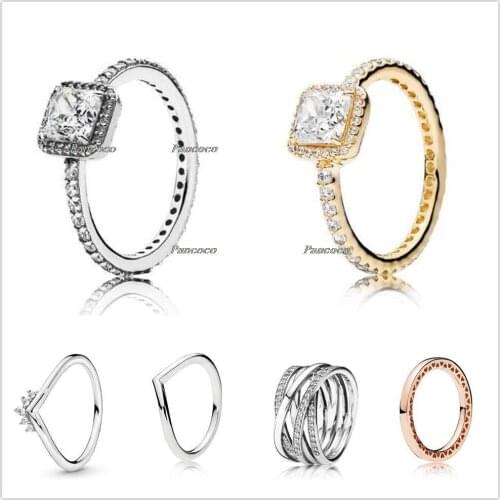 Authentic 925 Sterling Silver Four Claw Timeless Elegance With Crystal Rings For Women Wedding Party Gift Pandora Jewelry