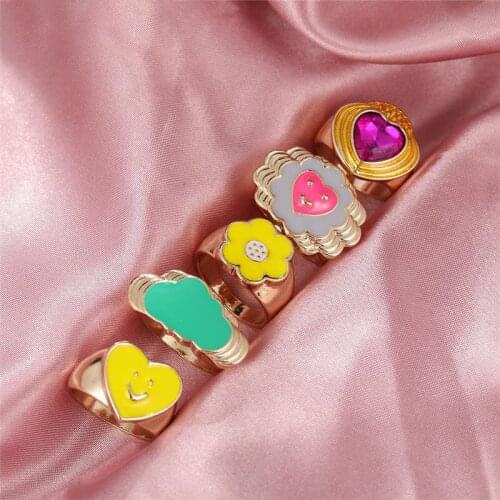 Vintage Geometric Colorful Smile Heart Ring Thick Enamel Ring For Women Fashion Clouds Flower Chain Rings Gift Jewelry