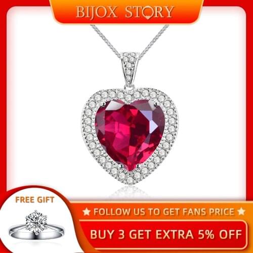 BIJOX STORY 925 sterling silver necklace with heart shape ruby zircon pendant fine jewellery for women wedding anniversary party