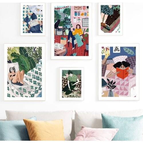 Abstract Girl Cat Monstera Watercolor Wall Art Canvas Painting Nordic Posters And Prints Wall Pictures For Living Room Decor