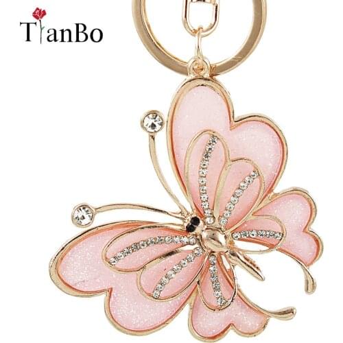 Fancy&Fantasy Cartoon Gold AnimalMetal Pink Butterfly Keychain Car Keyring Rhinestone Bag Pendant Charm Key Holder Jewelry Gift