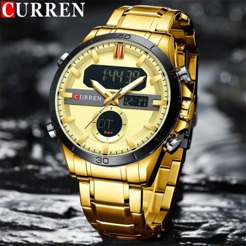CURREN Sport Men Watch Top Brand Luxury Military Business LED Male Clock Gold Stainless Steel Quartz Digital Man Wristwatch 8384