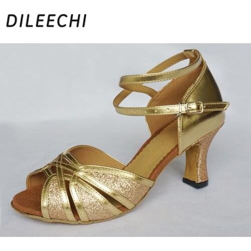 DILEECHI Gold PU Womens Latin dance shoes female high-heeled 7cm soft outsole Ballroom dancing shoes Salsa Tango shoes