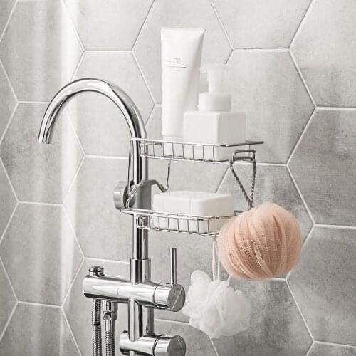 Stainless Steel Double Layer Faucet Rack With Hook Sink Draining Rack kitchen Free Punching Pool Storage Organizer