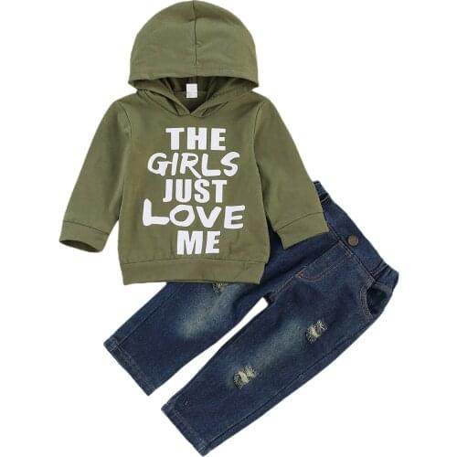 Emmababy Toddler Baby Boy Clothes Autumn Newest Fashion Letter Patterns Long Sleeve Hooded Tops Blue Jeans 2Pcs Baby Boy Clothes