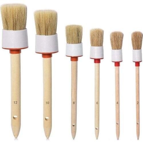 Natural Boar Hair Detail Brushs(Set of 6), Detailing Brush Set for Cleaning Weels, Interior, Exterior, Leather