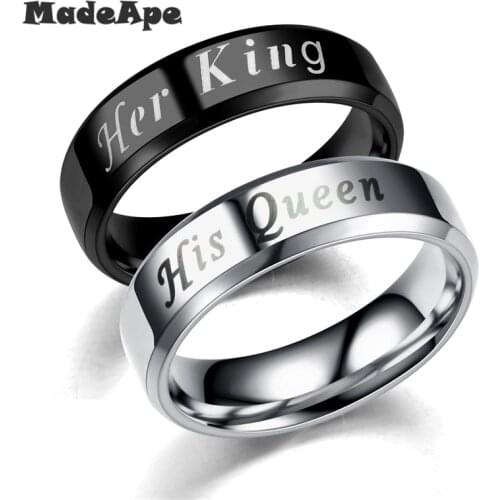 MadApe New Stainless Steel King And Queen Couple Rings For Lovers Letter Crown Rings Love Promise Jewelry