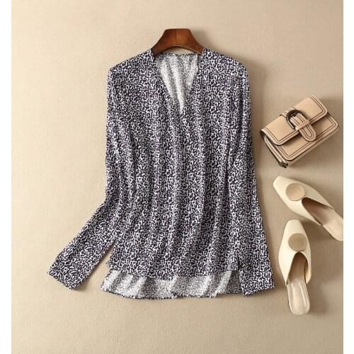 MageBop 2020 Latest Ladies Silk Blend Leopard Print Long Sleeve V Neckline Patchwork Casual Blouse Shirt Top