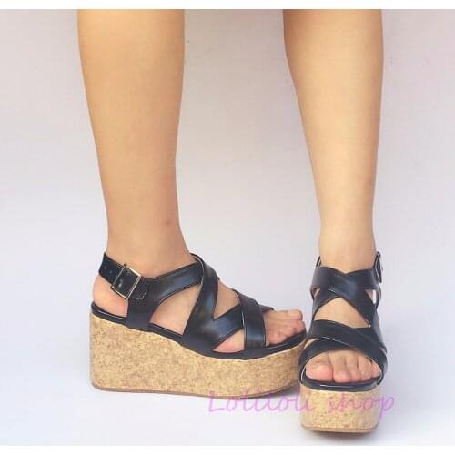 Princess sweet lolita shoes loliloli yoyo Japanese design custom large-size muted black PU buckle strap wedges sandals 6987sa