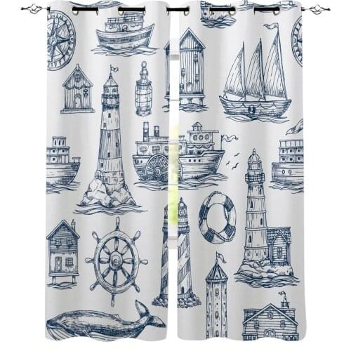 Nautical Anchor Ship Lighthouse Whale Art Blackout Curtains For Living Room Bedroom Printed Window Treatment Drapes Home Decor