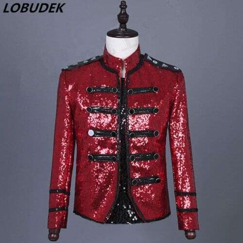 Punk Style Mens Court Clothes Trendy Epaulet Black-red Sequins Stitching Jacket Rock Singer Nightclub Show Coat Stage Costume