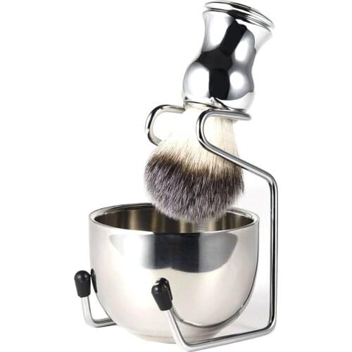 Shaving Set Soap Bowl + Shaving Brush + Stand Holder, Stainless Steel + Nylon Brush Kit Pure Hair Shaving Brush Kit